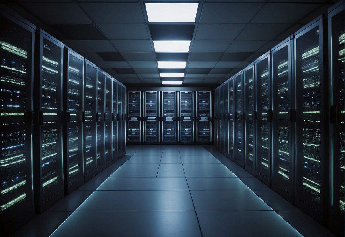 A secure server room with data erasure software running on multiple computers, reducing cyber insurance costs