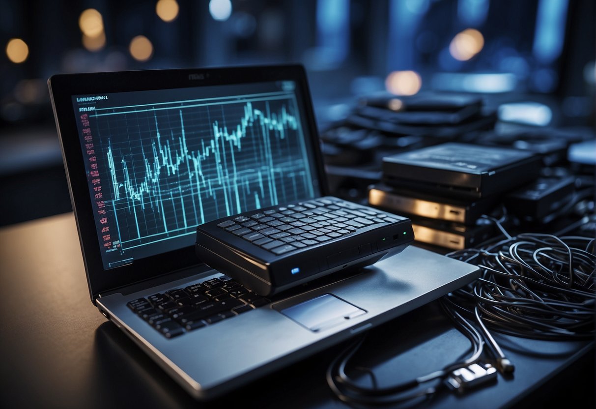 A computer screen displaying a graph showing decreasing cyber insurance costs next to a pile of old hard drives being securely wiped with a data erasure tool