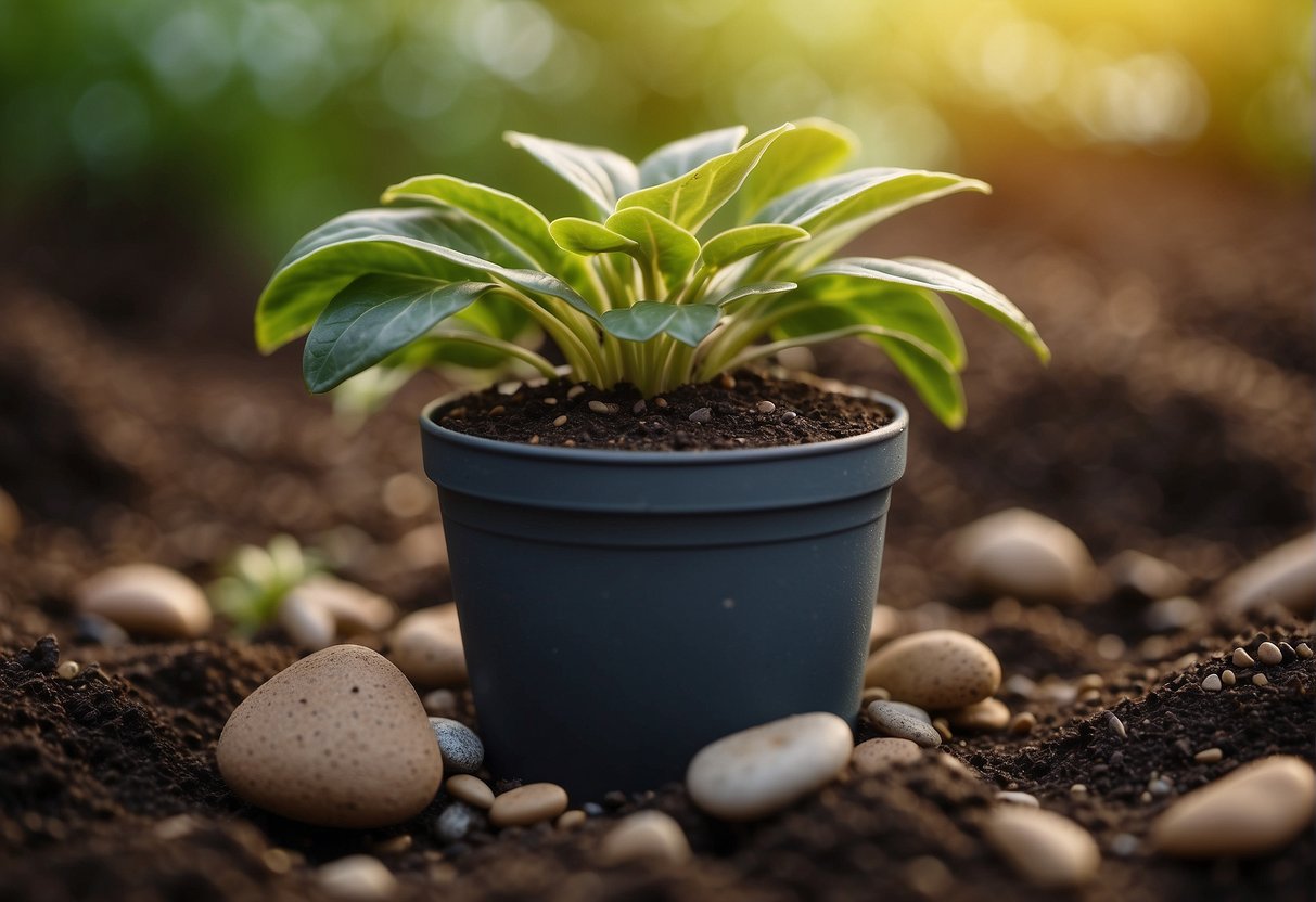 A plant sits in a growers pot, surrounded by rich soil and small pebbles. The pot is sturdy and has drainage holes at the bottom