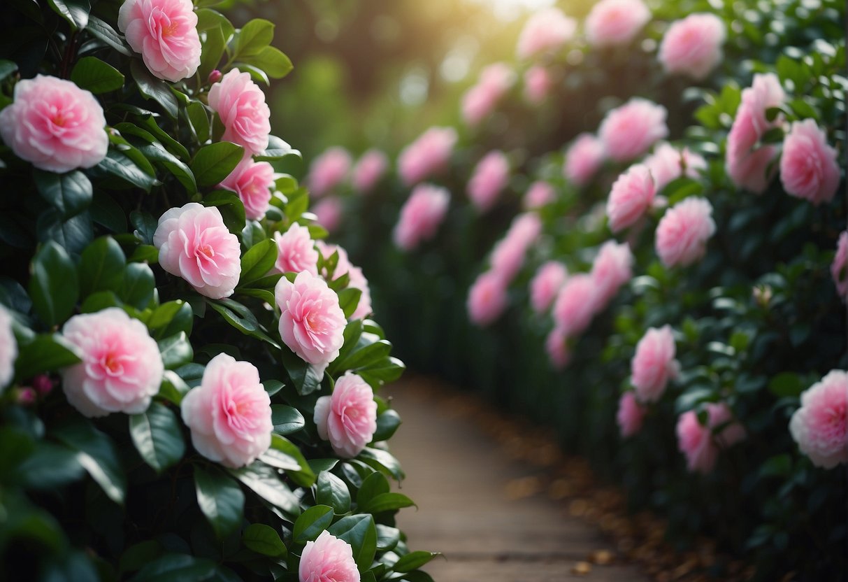 A camellia sasanqua hedge lines the garden path, with vibrant pink and white blossoms peeking through the glossy green leaves