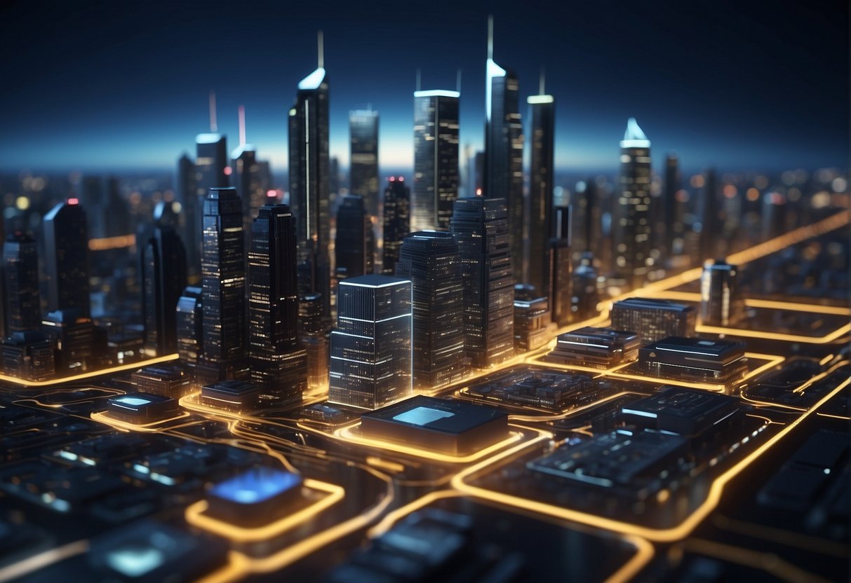 A city skyline with interconnected digital devices being wiped clean by a digital eraser, symbolizing the necessity of data erasure in safeguarding smart city infrastructure