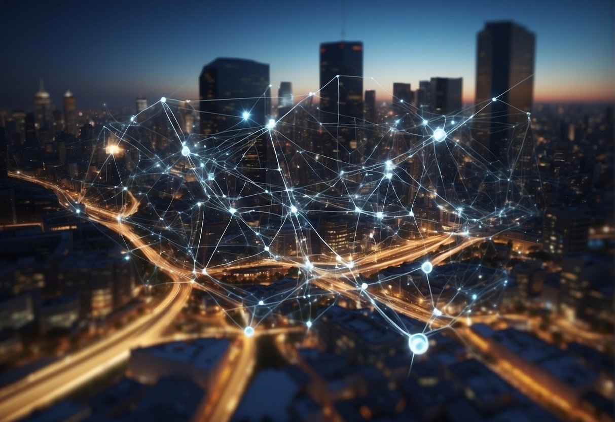 A bustling cityscape with interconnected networks of buildings, transportation systems, and communication hubs. Data erasure tools safeguarding against cyber threats