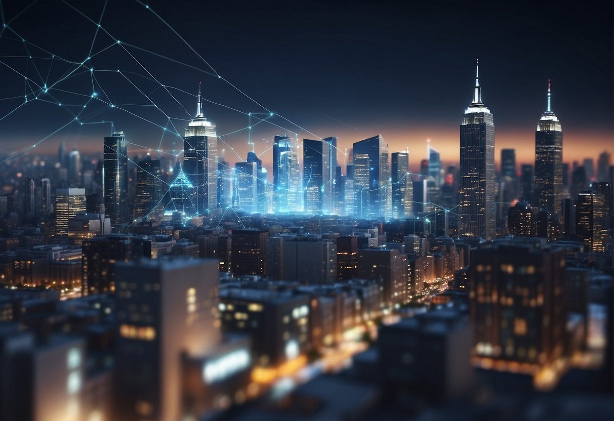 A city skyline with interconnected digital infrastructure being wiped clean by a large eraser, symbolizing data erasure techniques for safeguarding smart city systems