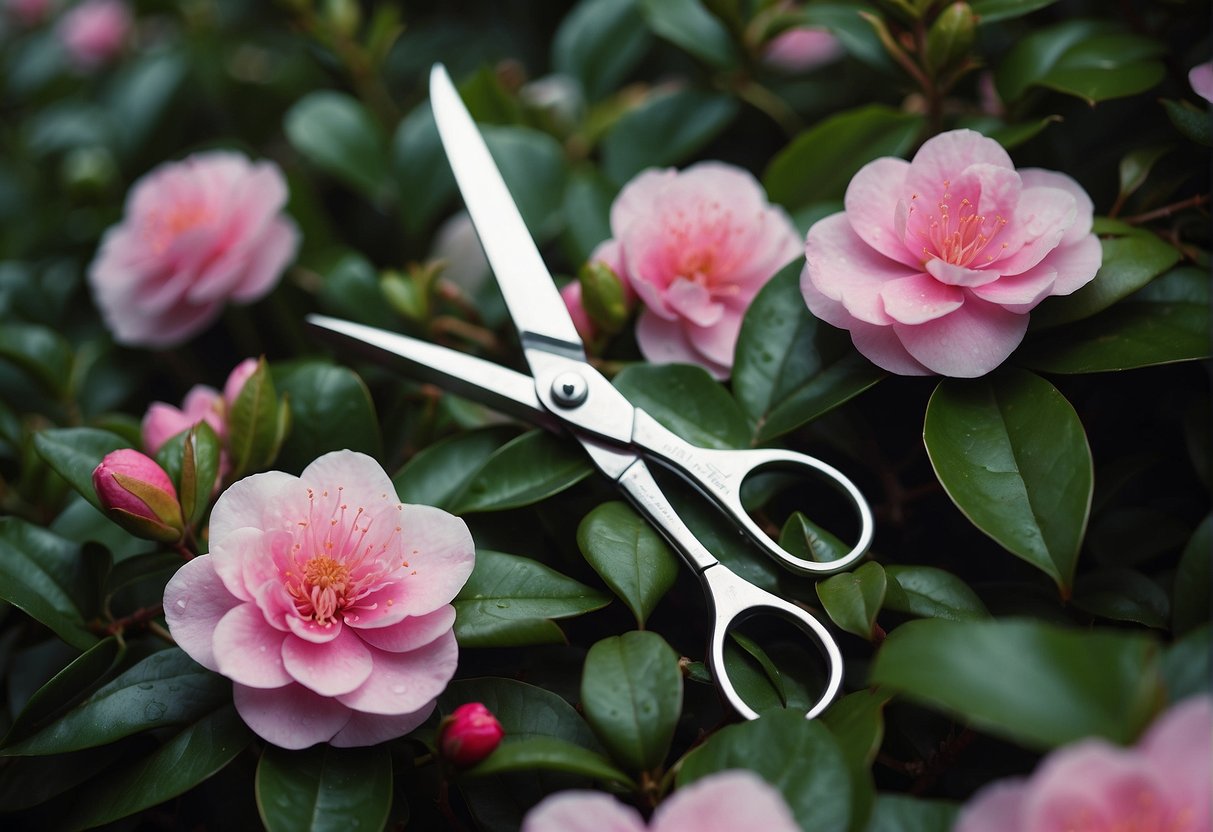 A pair of gardening shears trims a lush hedge of Camellia Sasanqua, with scattered pink and white blossoms on the ground