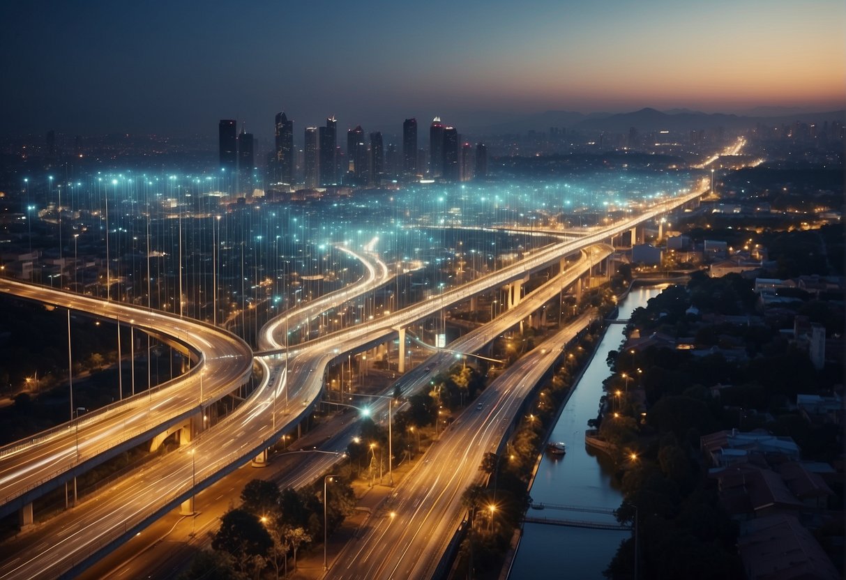 Smart city infrastructure protected by data erasure & IoT security measures. Buildings, roads, and transportation networks connected & safeguarded