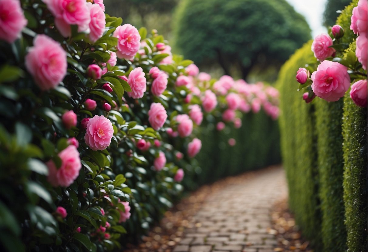 A neatly trimmed camellia sasanqua hedge lines the garden path, with glossy green leaves and vibrant pink blooms creating a beautiful and inviting boundary