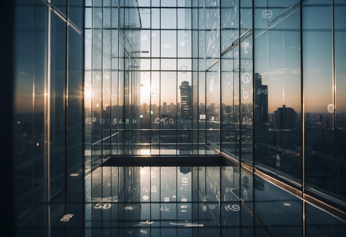 A transparent glass building with data erasure symbols, surrounded by smart city infrastructure