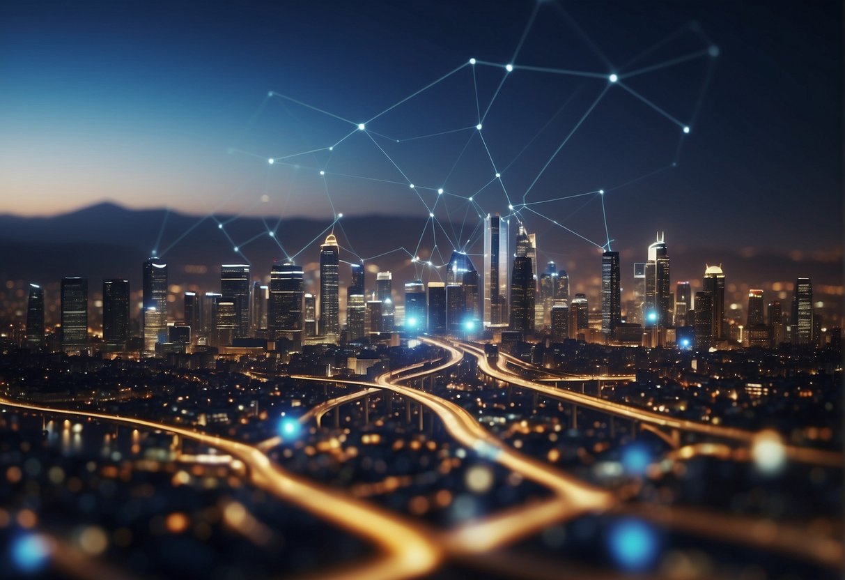 A city skyline with interconnected technology, data erasure process in action, and intelligence data flowing through smart city infrastructure