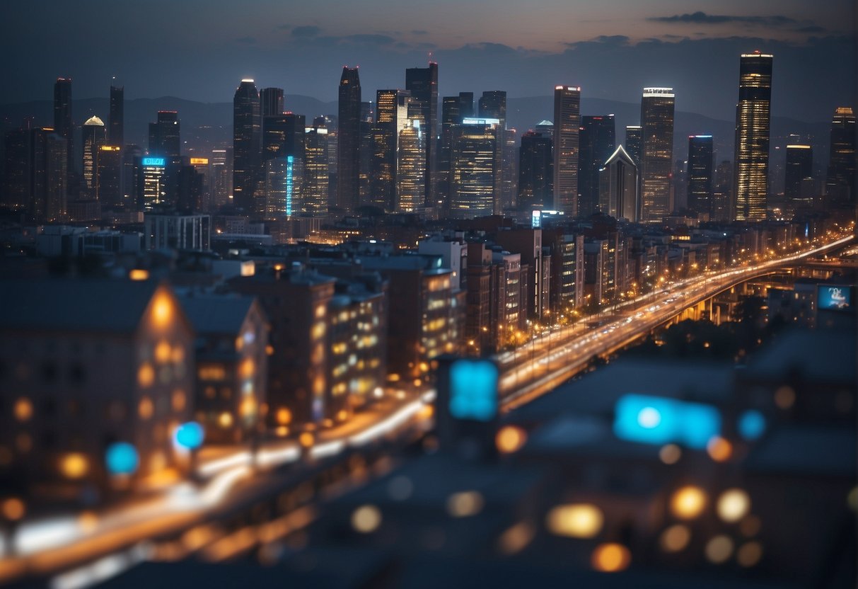 A bustling cityscape with sleek, interconnected buildings and futuristic infrastructure. Data erasure technology is shown safeguarding the city's smart systems