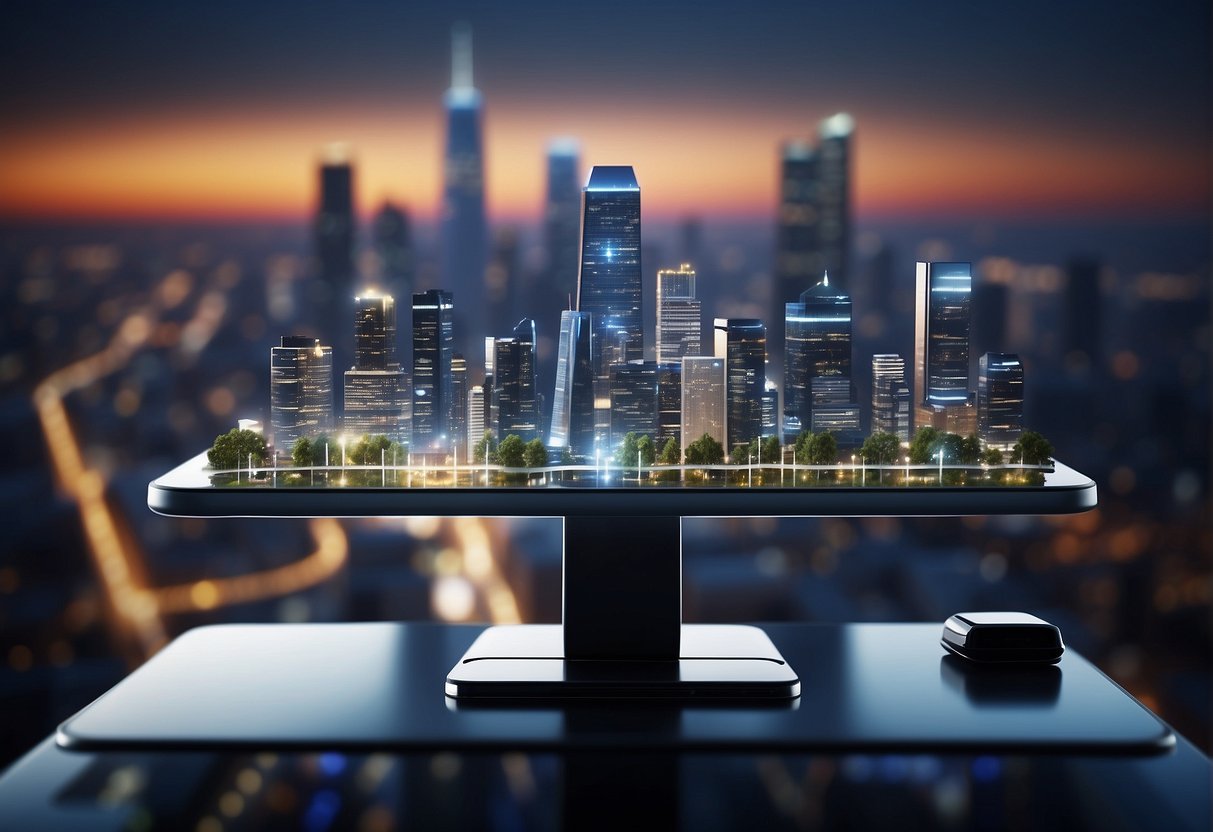 A city skyline with interconnected digital devices being wiped clean of data, symbolizing the role of data erasure in safeguarding smart city infrastructure