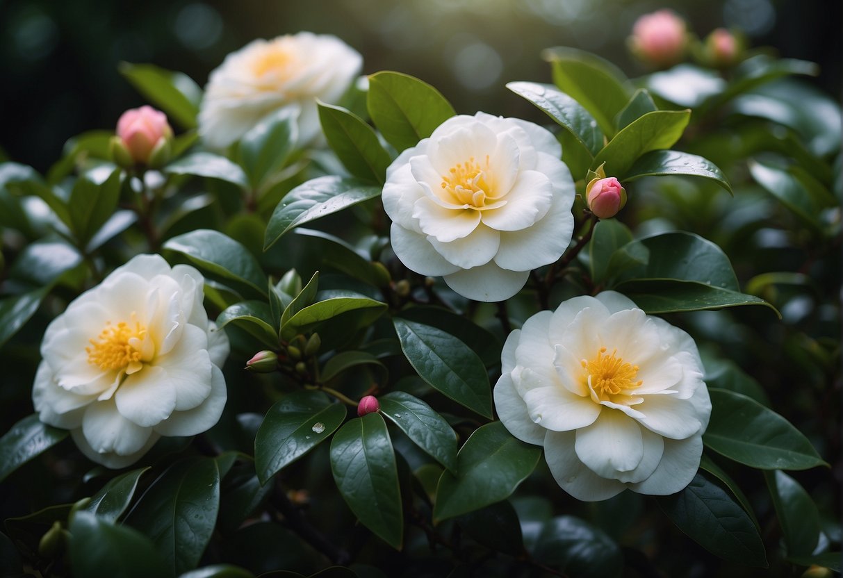 Vibrant camellia plants bloom in a lush garden, their glossy green leaves providing a striking contrast to the delicate, colorful flowers