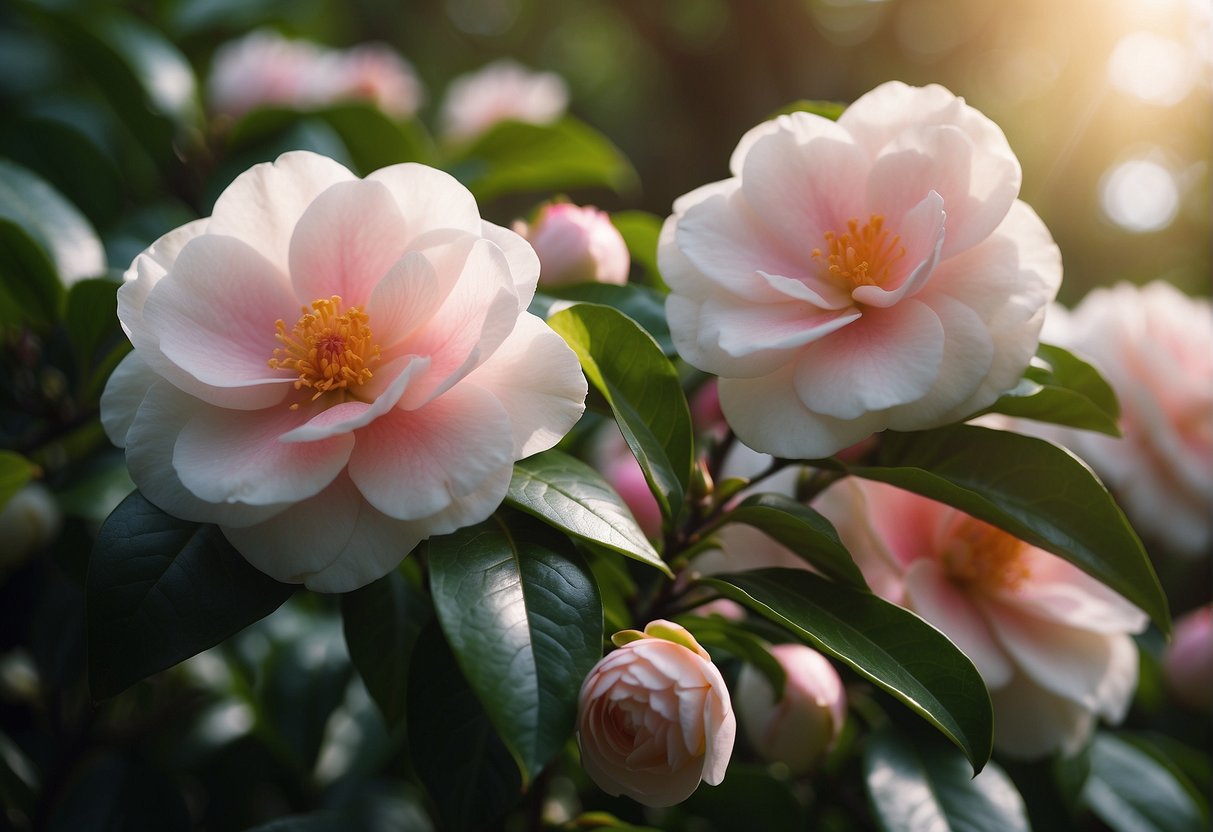 Camellia plants bloom in a lush garden, surrounded by vibrant green leaves and delicate pink and white flowers. A gentle breeze rustles the petals, and the sun casts a warm glow over the scene
