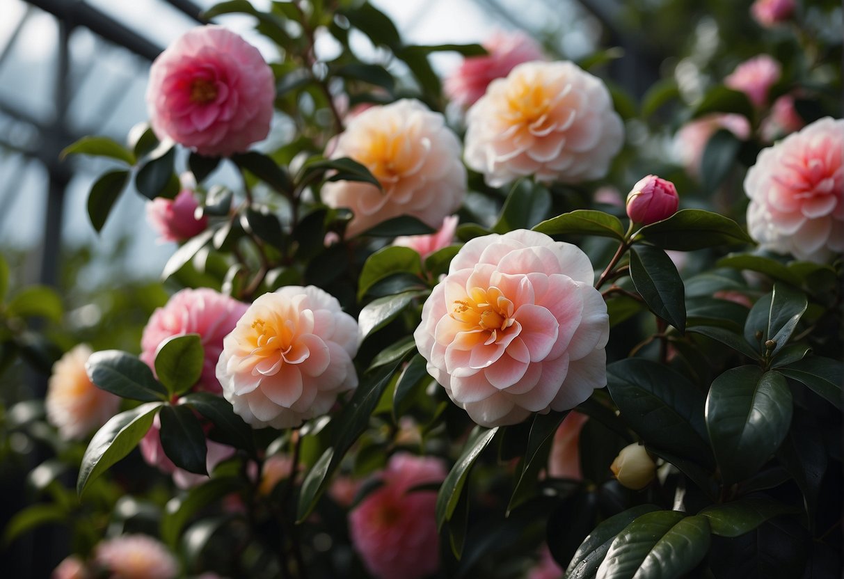 A variety of Camellia plants in different colors and sizes, with glossy leaves and delicate flowers, arranged in a garden or greenhouse setting