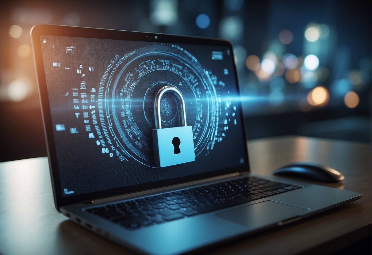 A computer screen displaying a document being securely erased, with a lock icon symbolizing enhanced data security in a document management system