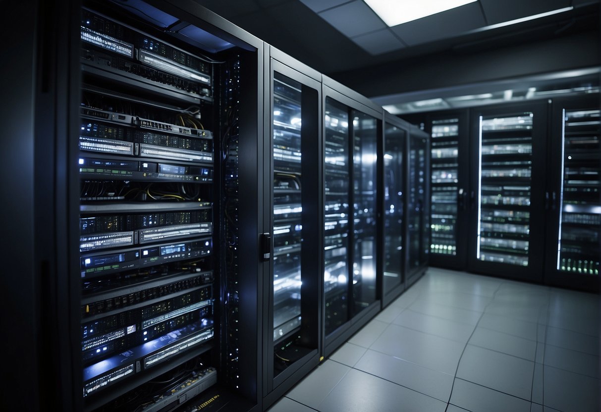 A computer server room with rows of scalable and adaptable DMS hardware. A data erasure process is enhancing the system's functionality