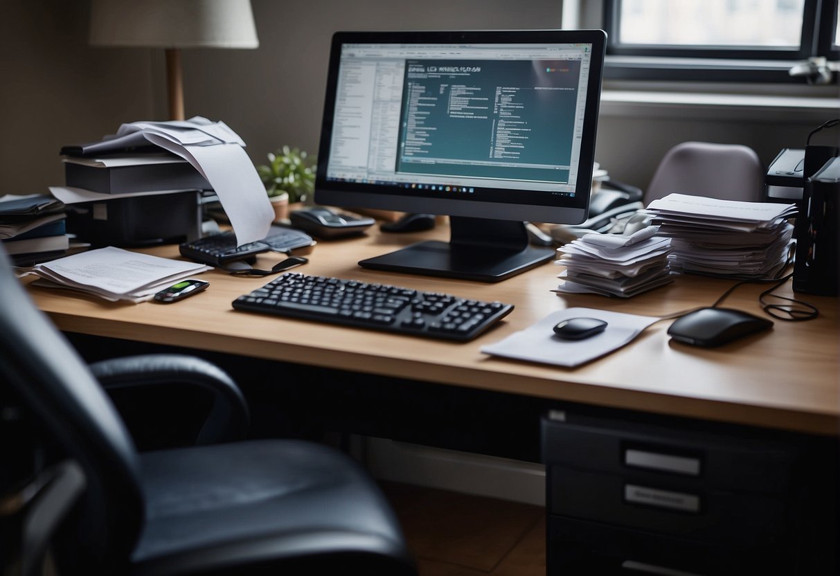 A cluttered office desk with a computer, documents, and a shredder. A person is erasing data from a computer while organizing files