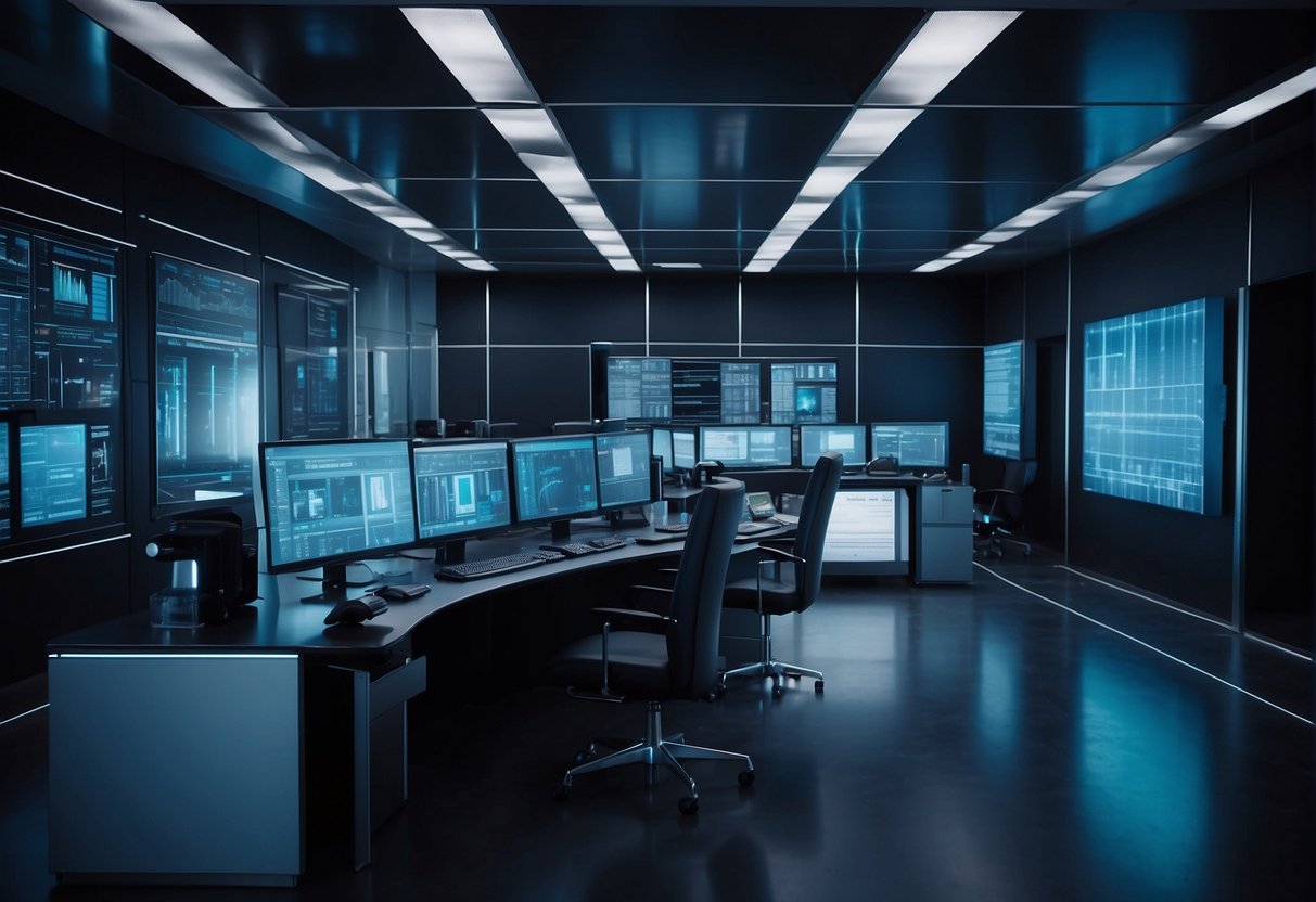 A futuristic office setting with holographic displays and advanced computer systems showcasing the process of data erasure in emerging DMS technologies