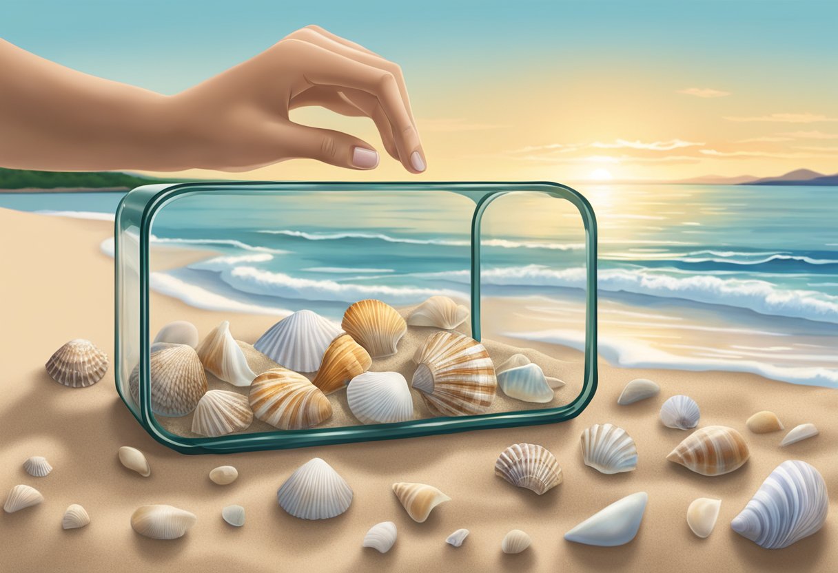 A hand reaches into the sand, carefully selecting seashells. A glass display case sits nearby, ready to showcase the perfect beach memories