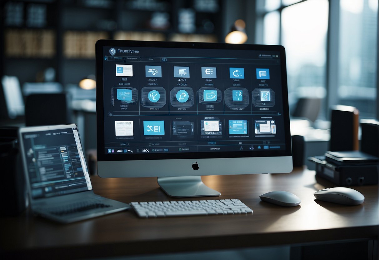 A computer screen displaying a document management system with a data erasure process in progress, surrounded by icons representing file organization and security features