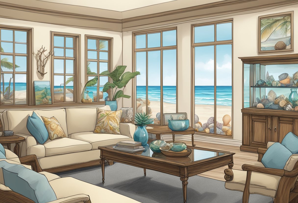 A living room with a beach theme, featuring a glass display case filled with seashells and beach memorabilia