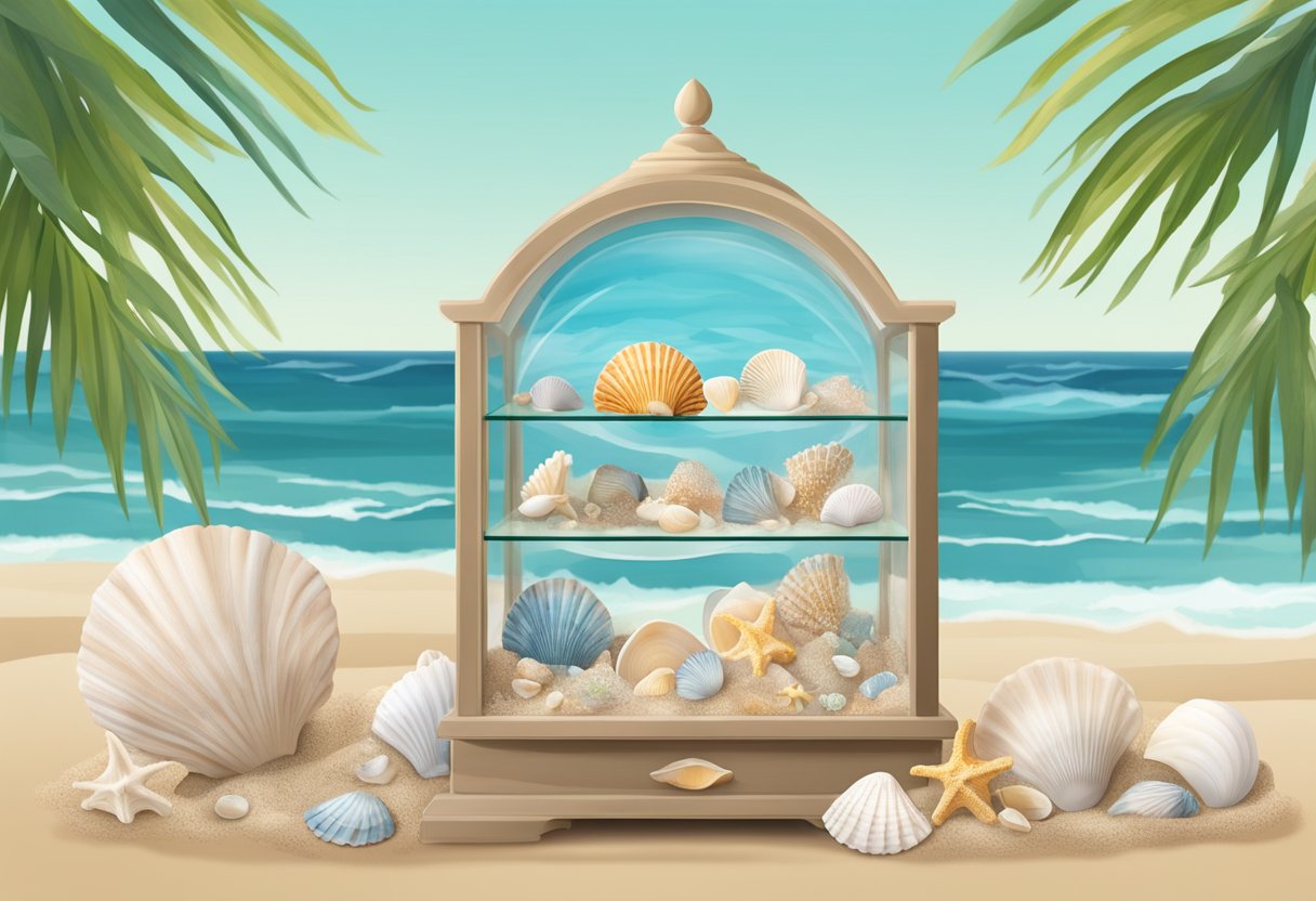 A handcrafted seashell display case holds beach memories. Shell gifts surround it. Waves crash in the background