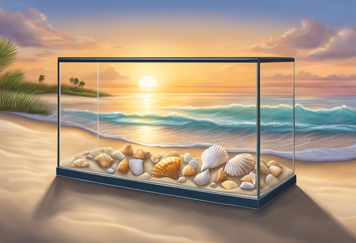 The sun sets over the calm Florida seashore, where seashells and sand frame a FinGlass Seashell Display Case, capturing beach memories