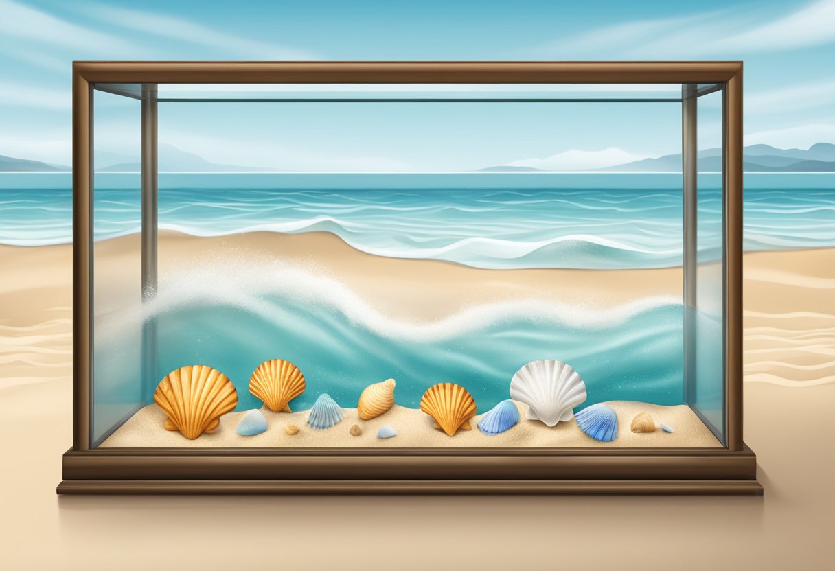 A sandy beach with seashells arranged in a glass display case, waves crashing in the background