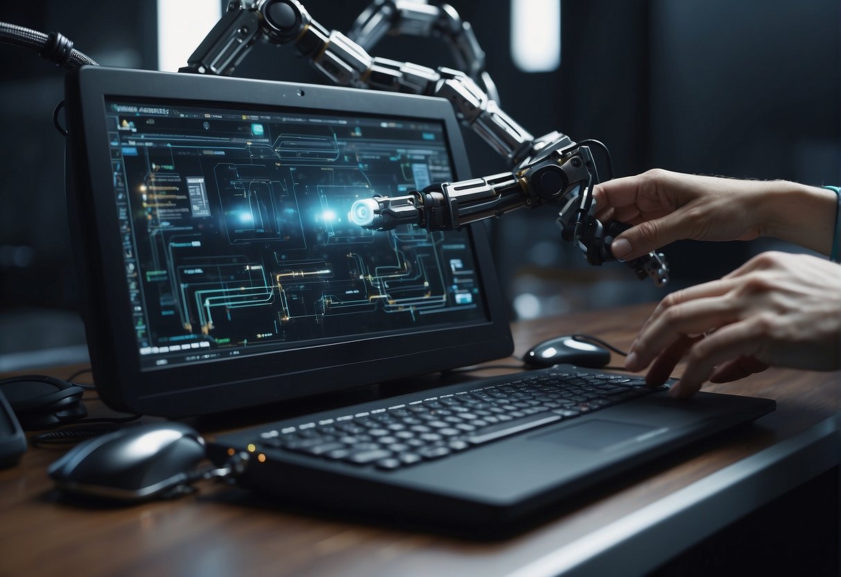 Robotic arms wiping clean a computer system with a secure data erasure process
