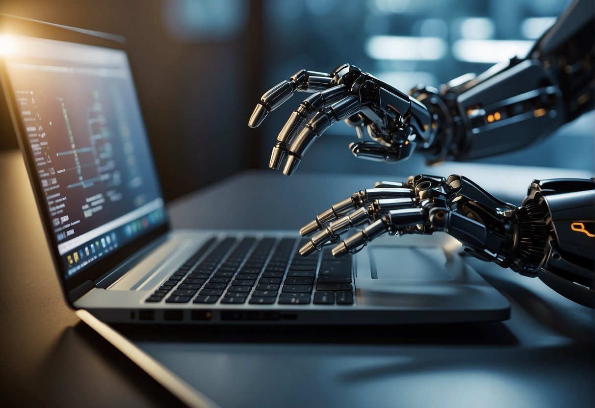 A robot arm hovers over a computer, erasing data securely. Multiple security measures are visible, such as encryption and authentication protocols