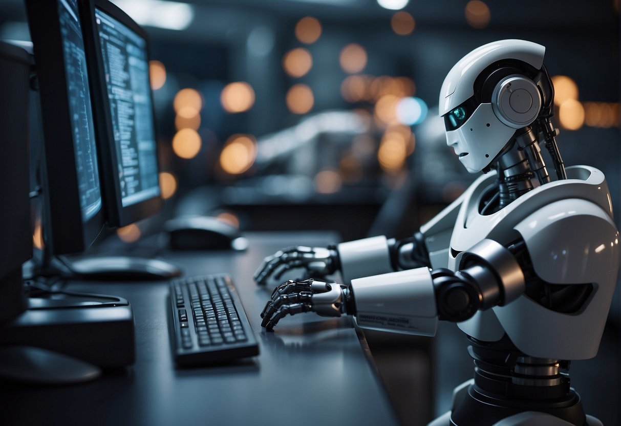 Robotic arm erasing data from a computer system, surrounded by security measures and compliance documentation