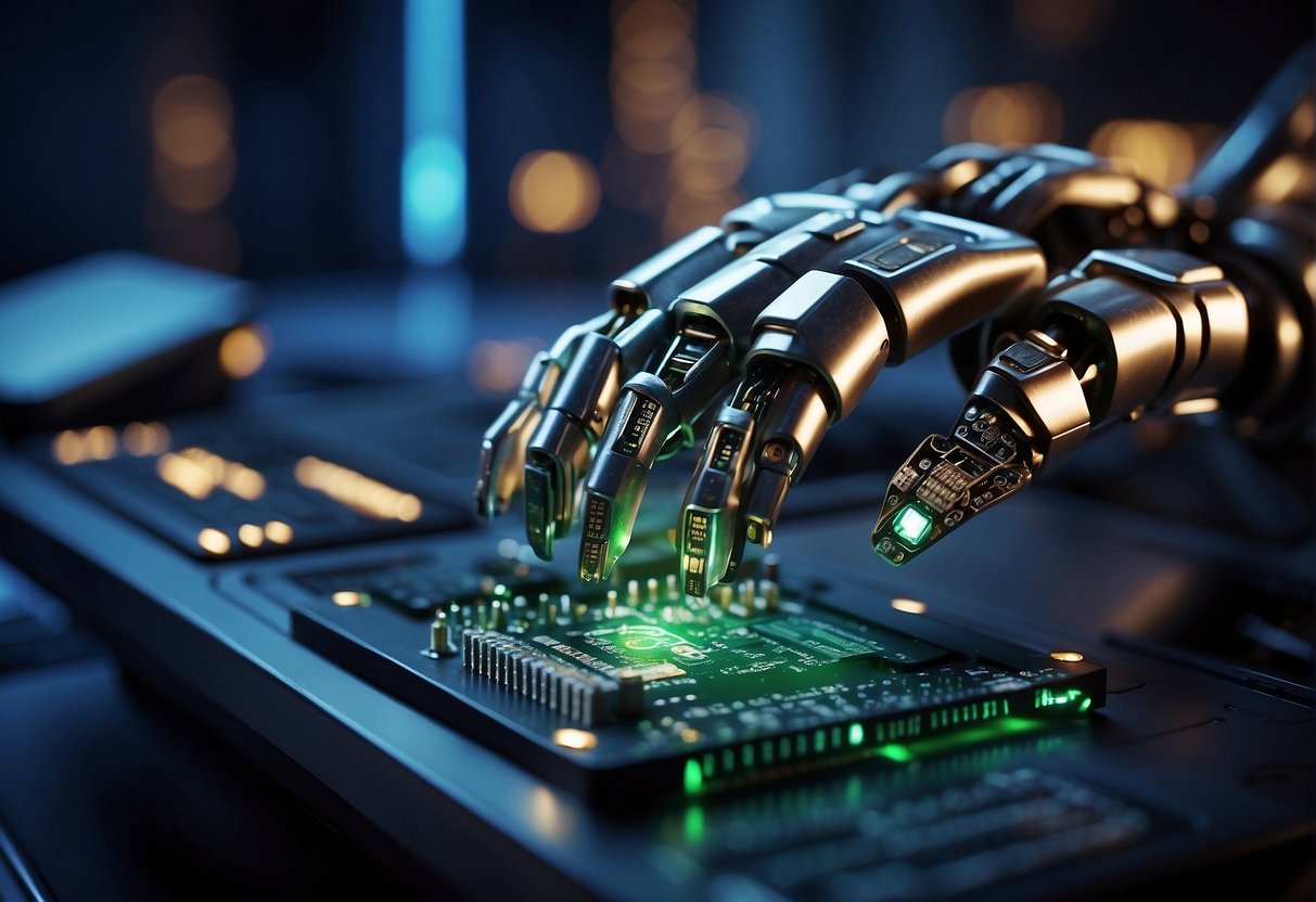 A robotic arm erasing data from a computer chip, surrounded by security measures and encryption symbols