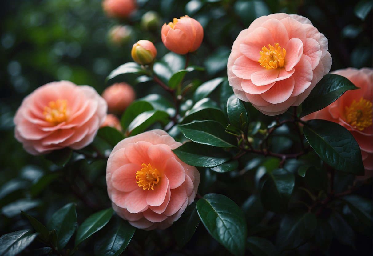 A vibrant coral delight camellia blooms among lush green leaves