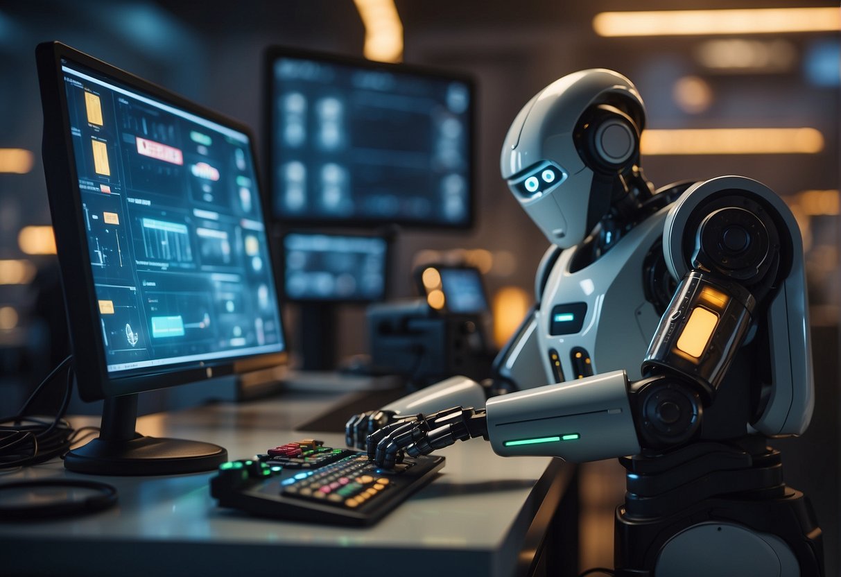 Robotic arm erasing data from a control panel, surrounded by security measures like firewalls and encryption codes