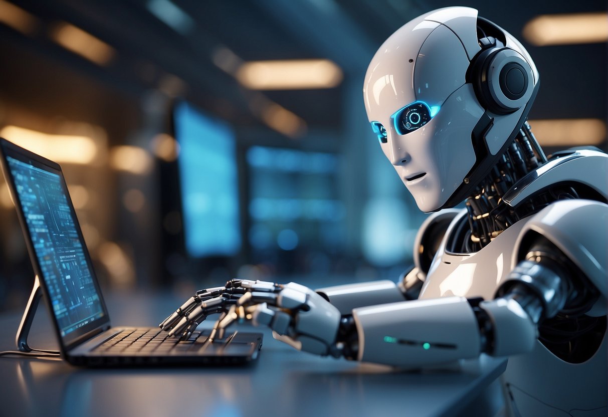 A robot erasing data with advanced cybersecurity measures in a futuristic setting