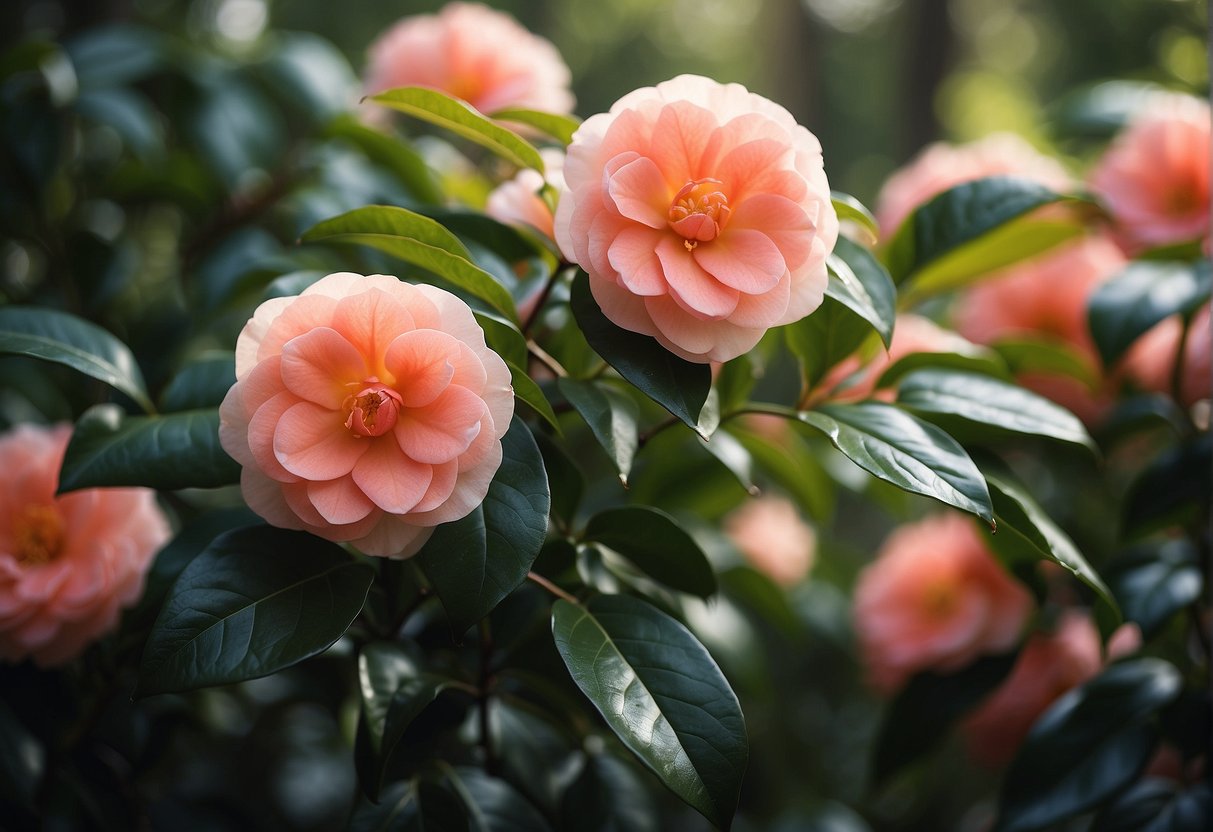 A lush garden with vibrant coral delight camellia flowers in full bloom, surrounded by green foliage and dappled sunlight