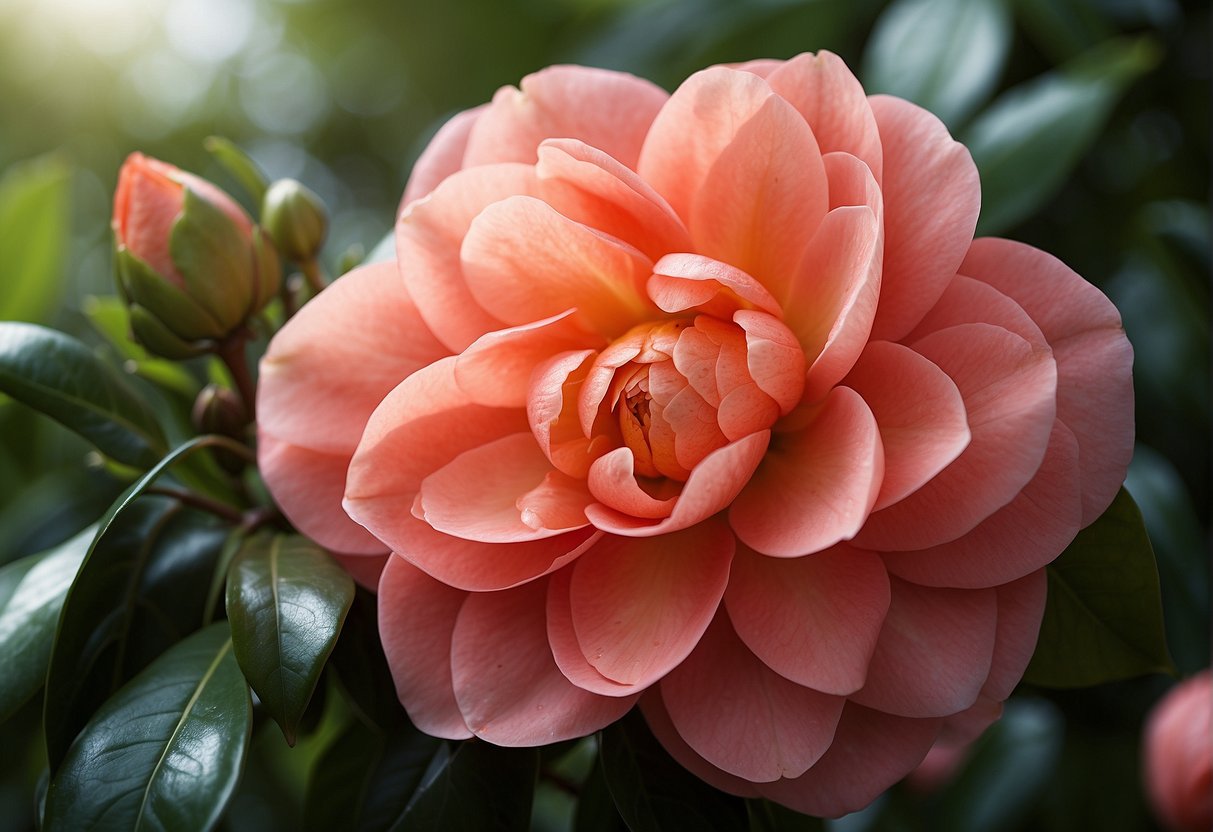 A vibrant coral delight camellia blooms against lush green foliage, showcasing its delicate petals and intricate stamen