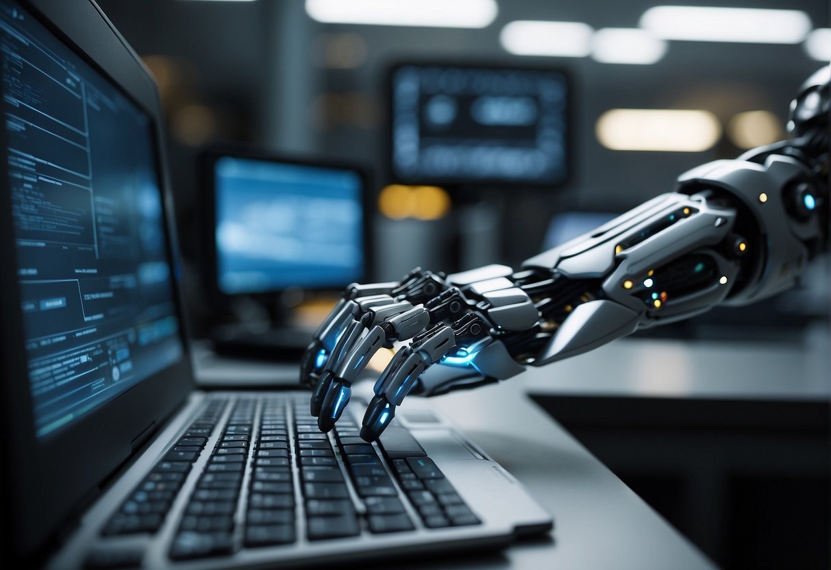 A robot arm hovers over a computer, running data erasure software. Another robot scans and monitors the process, ensuring operational security