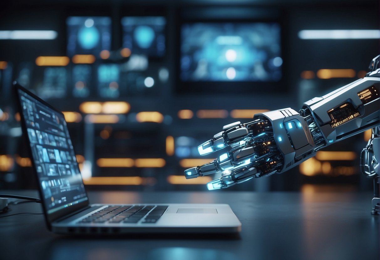 Robotic arms erase data from a secure server, surrounded by glowing digital security barriers. The futuristic setting includes advanced technology and a sleek, sterile environment