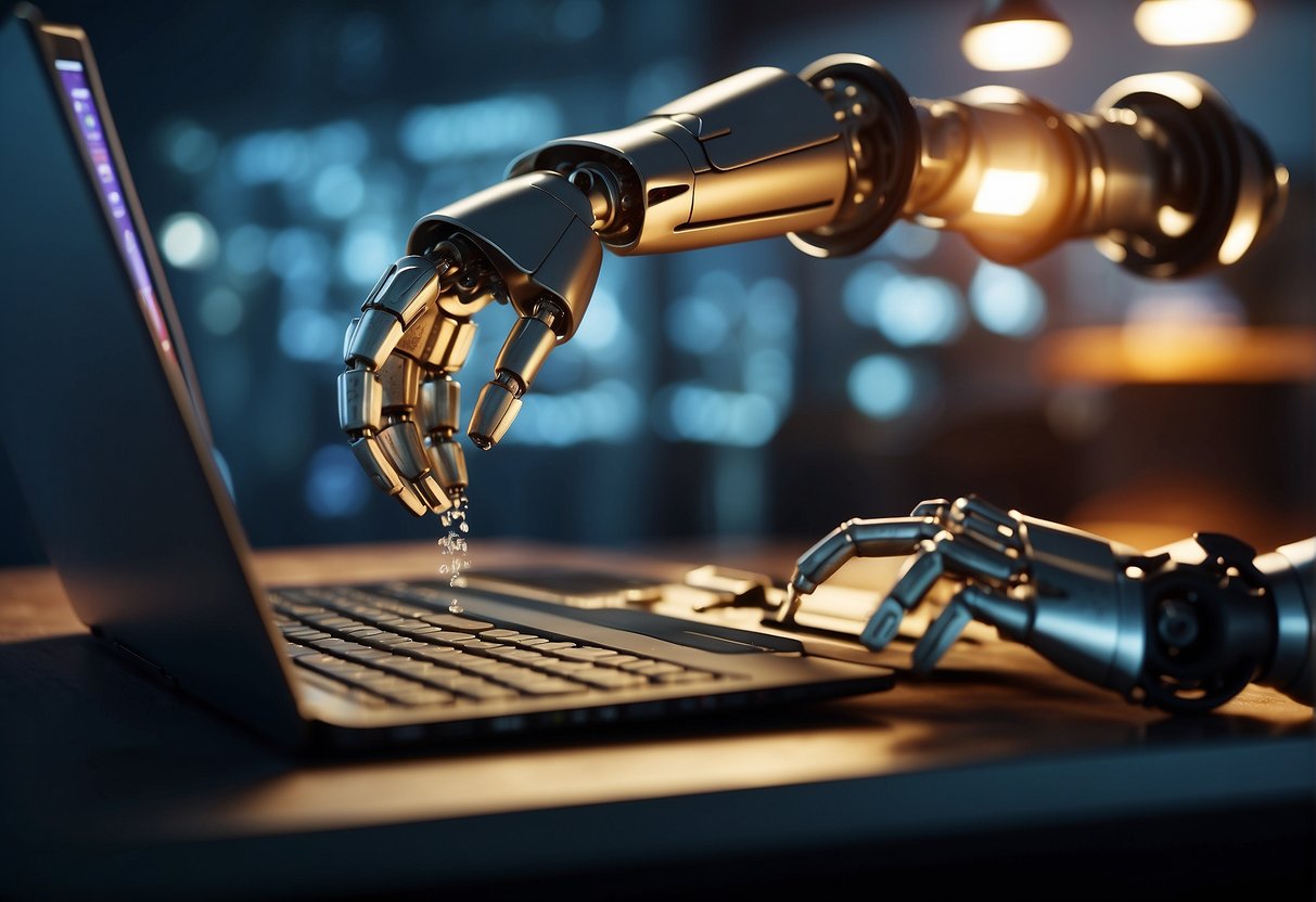 A robot arm erasing data from a computer with a secure lock symbol