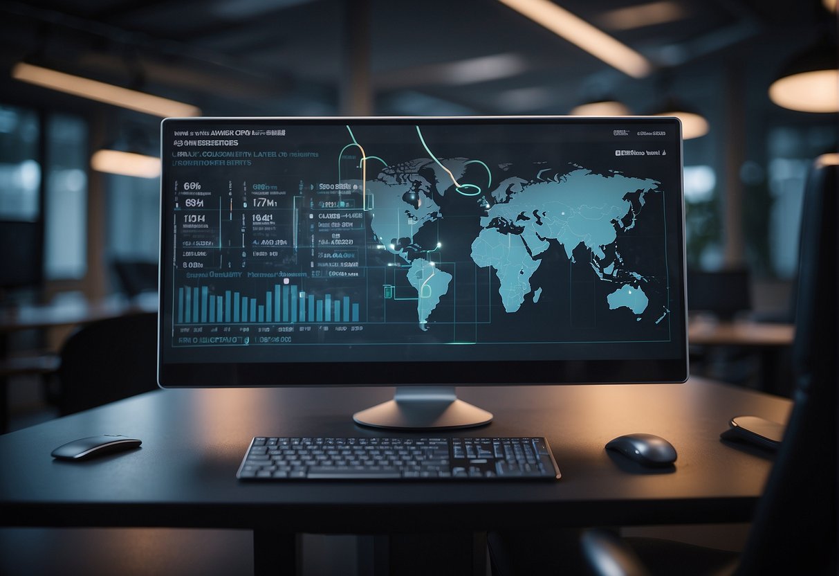A computer screen displaying a CRM system with a data erasure process in progress, a shield symbol protecting customer data