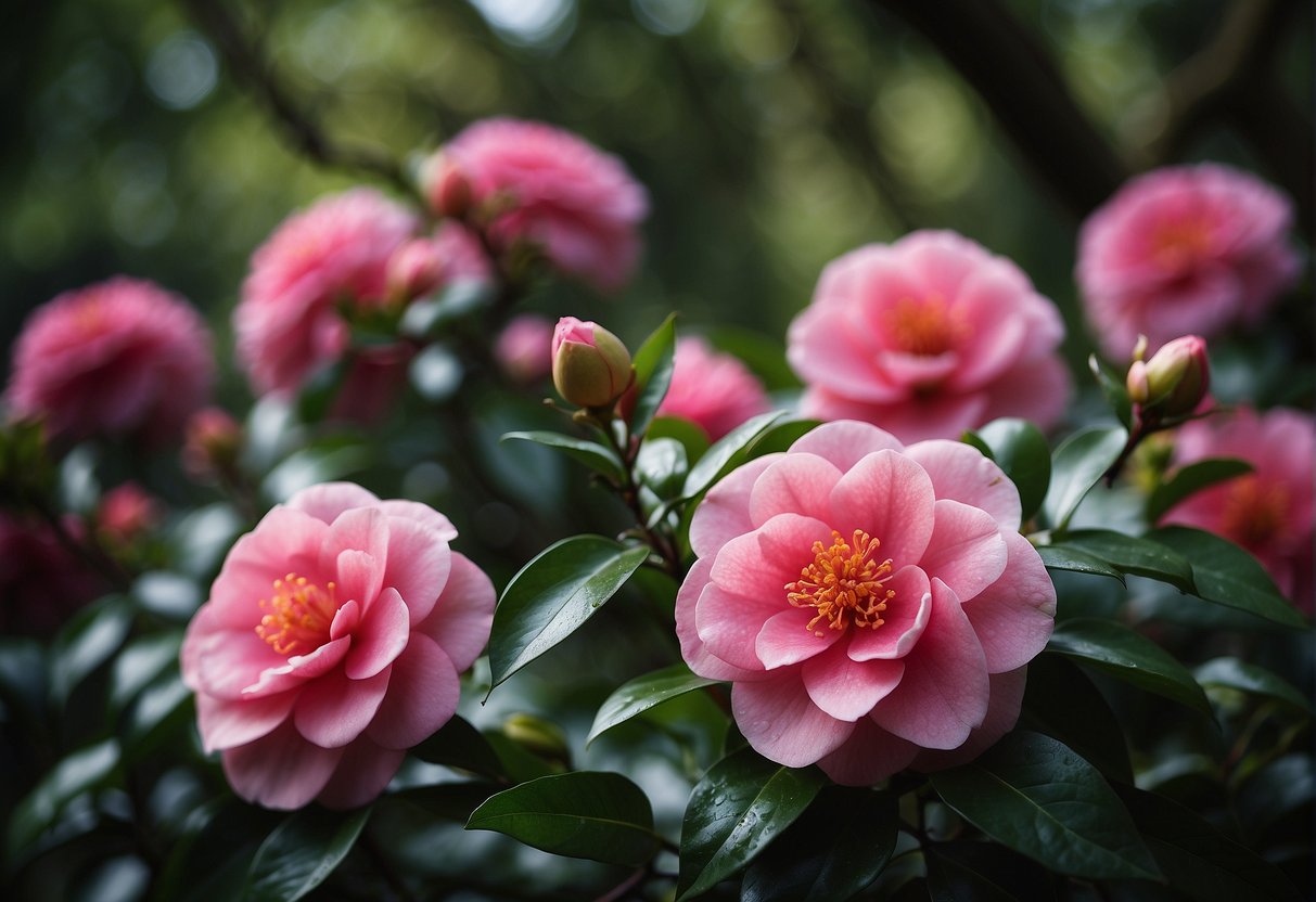 Camellia trees bloom in a tranquil garden, their vibrant pink and red flowers contrasting against the lush green foliage
