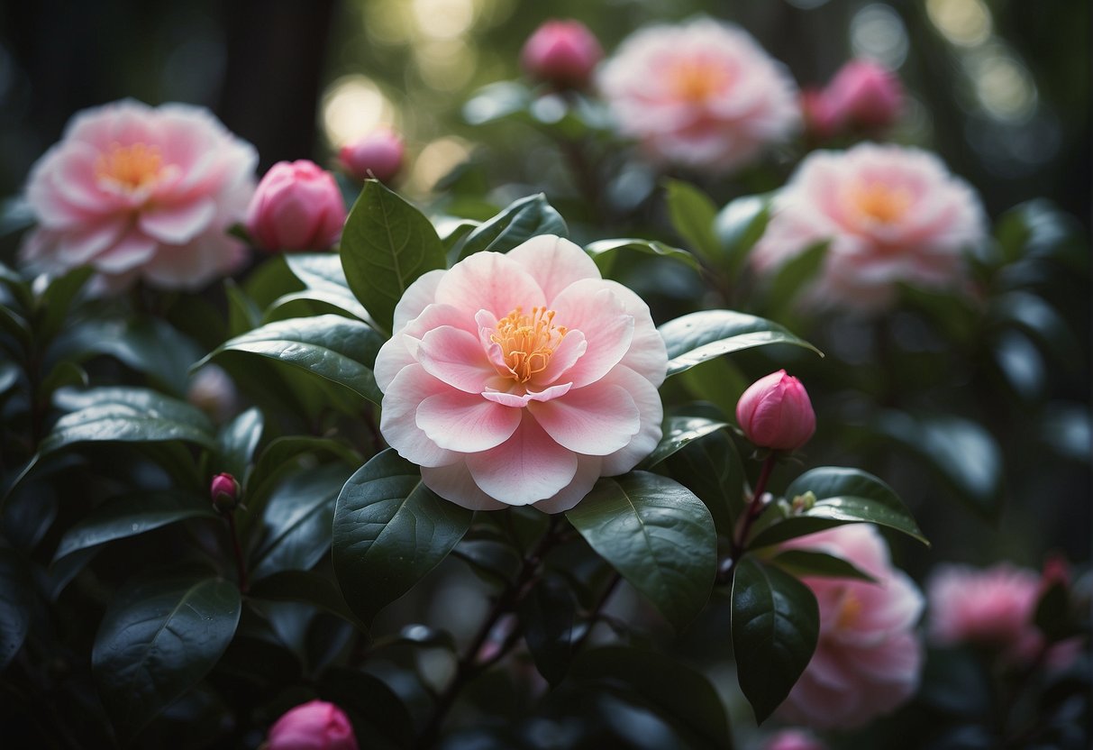 Camellia trees bloom in a serene garden, surrounded by lush foliage and delicate flowers in shades of pink, red, and white