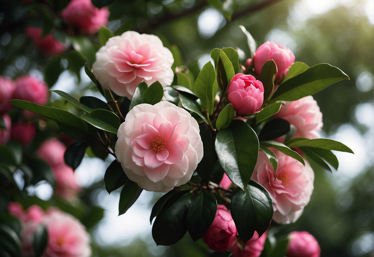 Camellia trees stand tall with glossy green leaves and vibrant blooms in shades of pink, red, and white, adding a touch of elegance to the garden