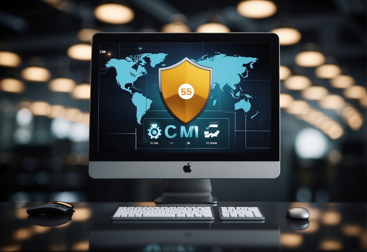 A computer monitor displaying a CRM system with a progress bar indicating data erasure. A shield icon symbolizing protection of customer data