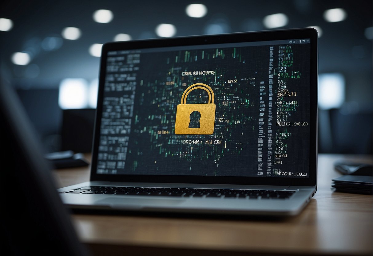 A computer monitor displaying data being erased from a CRM system, with a lock icon symbolizing protection of customer data