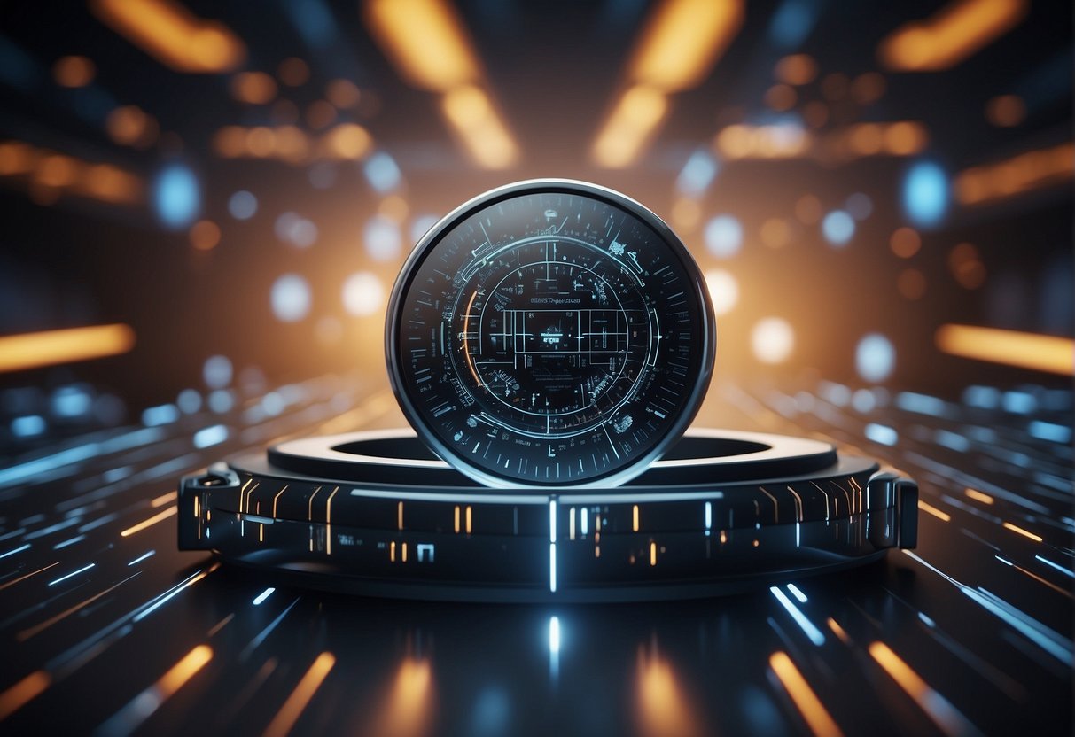 A futuristic data erasure tool seamlessly integrating with a CRM system, safeguarding customer data against potential threats and breaches