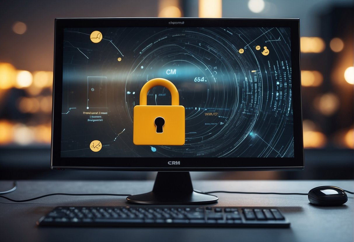 A computer monitor displaying a CRM system being wiped clean of data, with a lock symbol representing data protection
