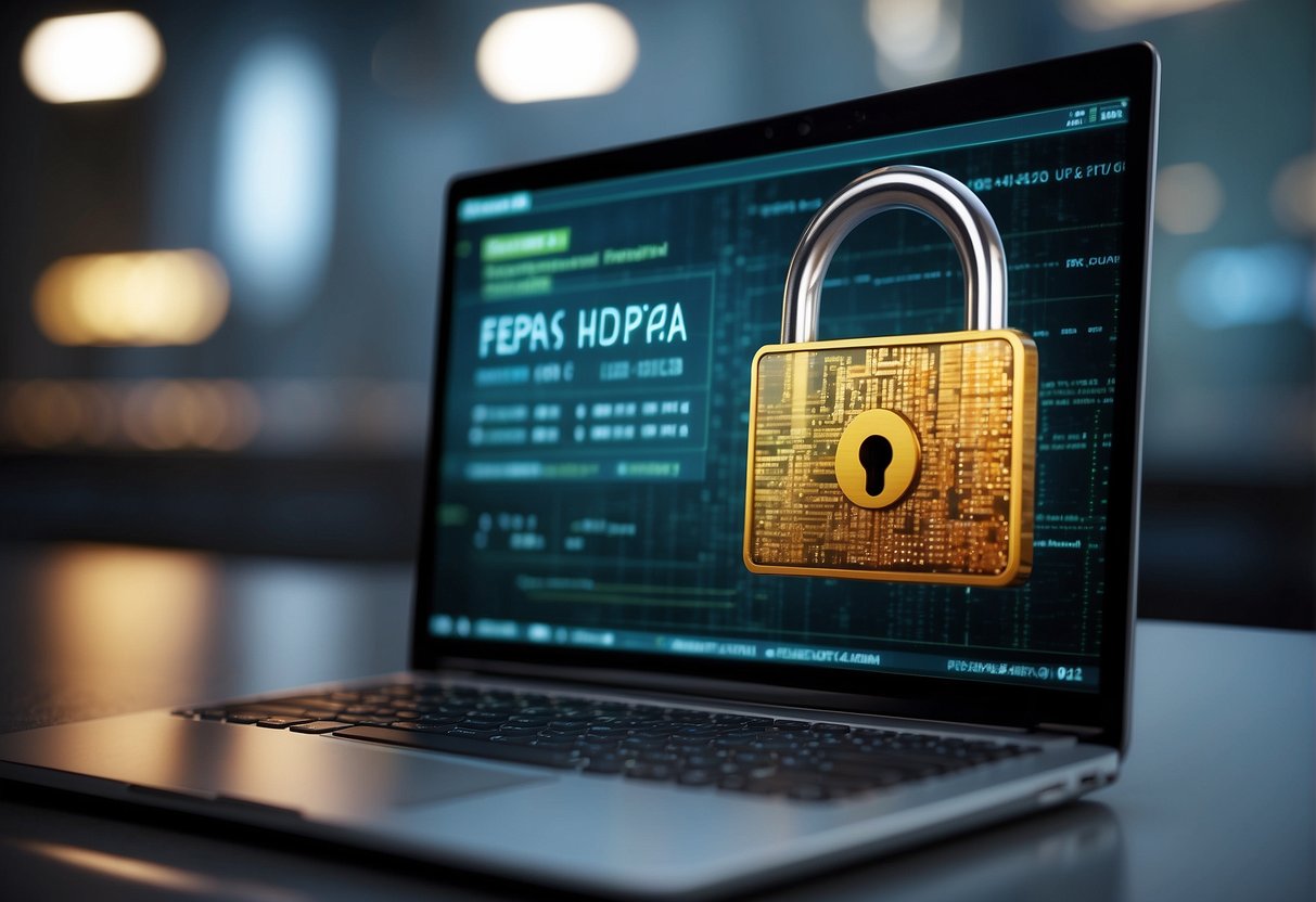 A computer screen displaying a secure data erasure process with FERPA compliance guidelines visible. A locked padlock icon symbolizes security