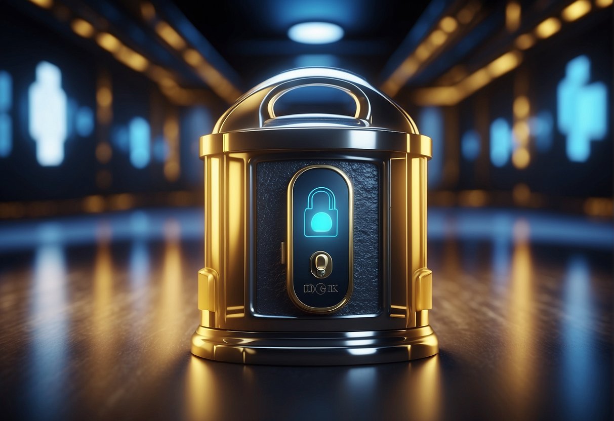A secure vault with a glowing lock symbol, surrounded by layers of digital shields and a shielded key, representing data protection in education