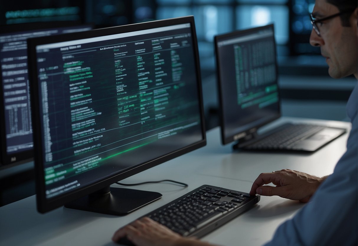 A computer screen displays a data breach alert. A technician uses software to erase sensitive information, ensuring FERPA compliance